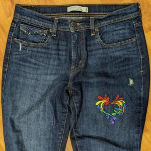 Levis 505 Jeans with Rainbow Artistic Heart Embroidery